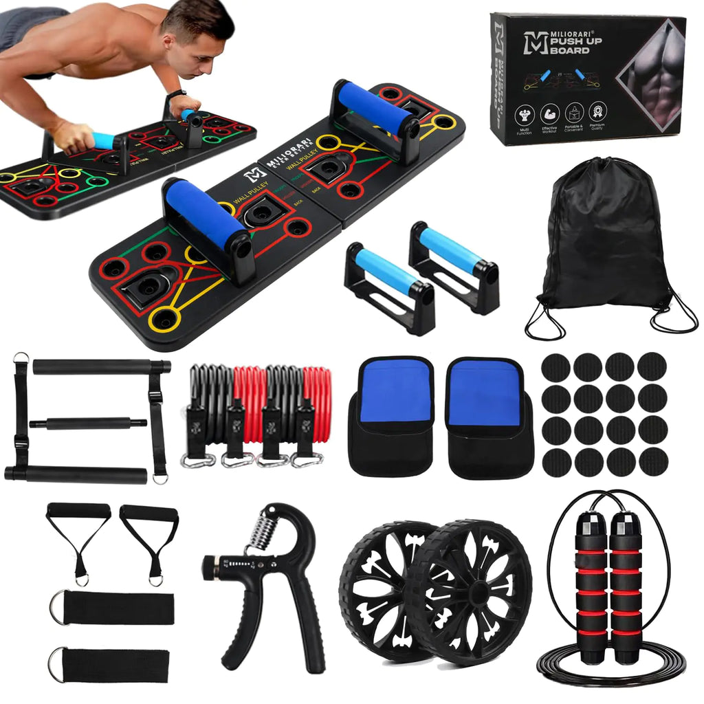 Push-Up Board Home Gym Set  At-Home Full Body Workout Set with Resistance Bands, Ab Roller Wheel & Pilates Bar for Men & Women