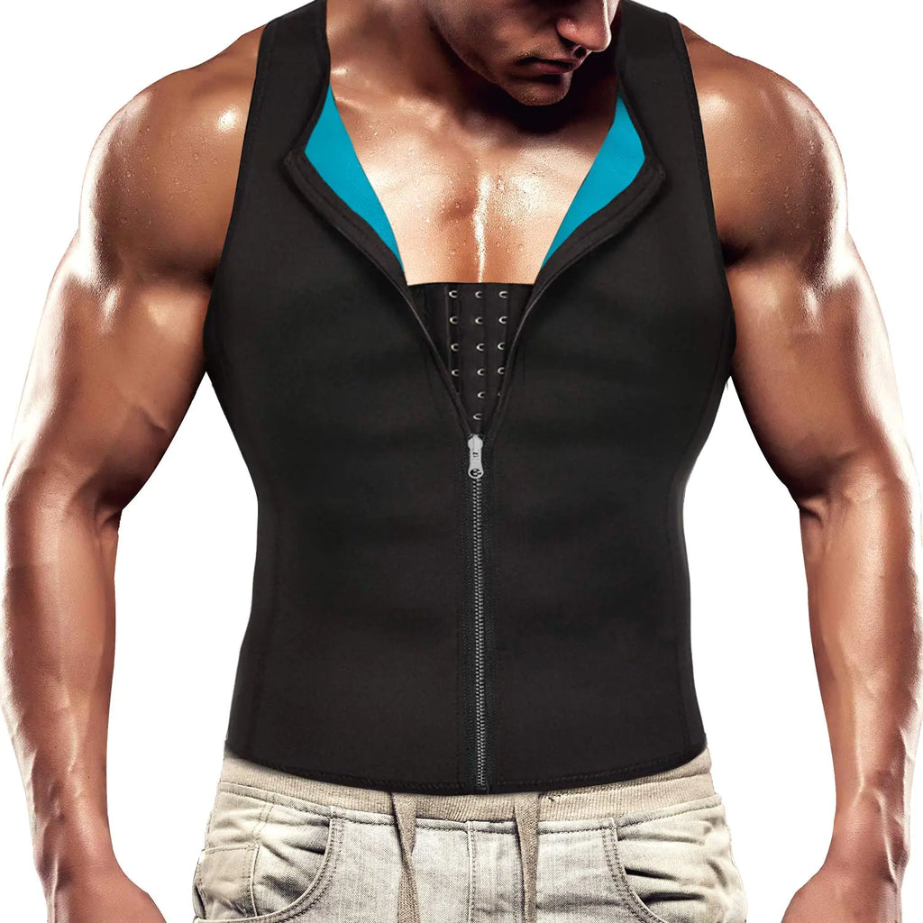 Men’s Neoprene Sauna Waist Trainer Vest – Zipper Sweat Tank Top Shapewear (Black)
