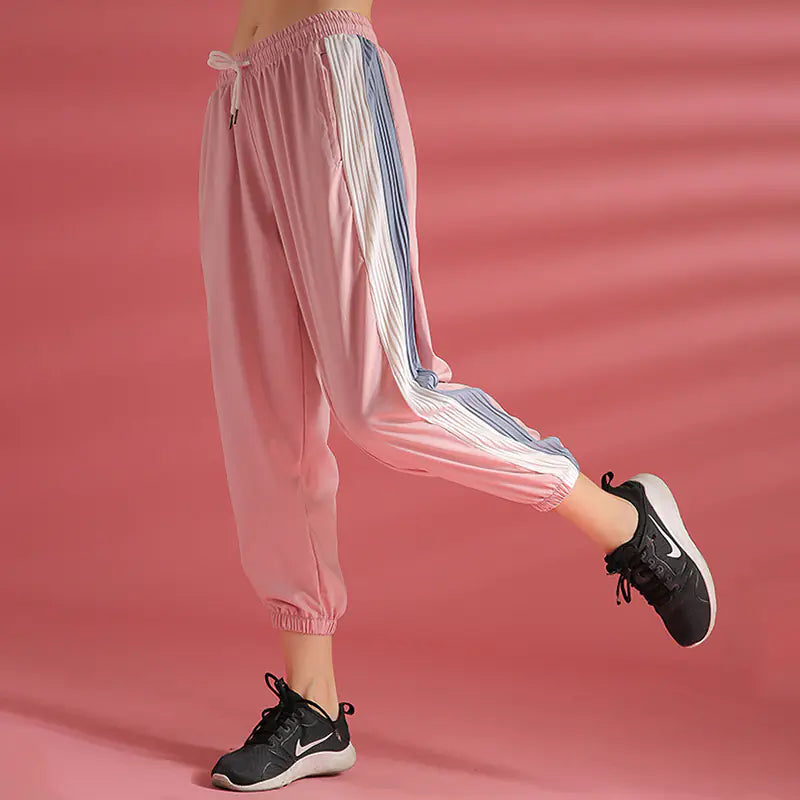 Women’s Color-Block Ruffled Sports Pants – Breathable Loose-Fit Yoga & Running Joggers with Elastic Ankle Cuffs