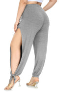 Women’s Plus Size Side-Slit Joggers – Soft Modal Lounge Pants with High-Waist Elastic Band & Tie Hem (Grey 4XL)