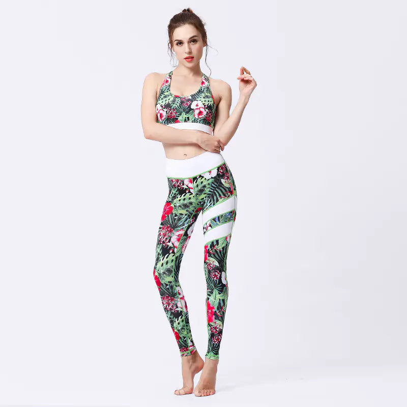 Women’s Yoga Set – Tropical Print Sports Bra & High-Waist Leggings