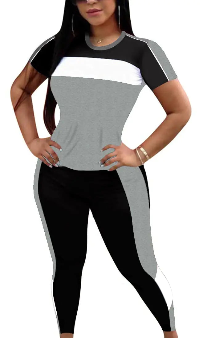 Women’s 2-Piece Activewear Set – Short Sleeve Colorblock Tee + High-Waisted Leggings (Black/Grey, XL)
