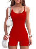 Seamless Ribbed Yoga Romper for Women – Spaghetti Strap Bodycon One-Piece Shorts (Red M)