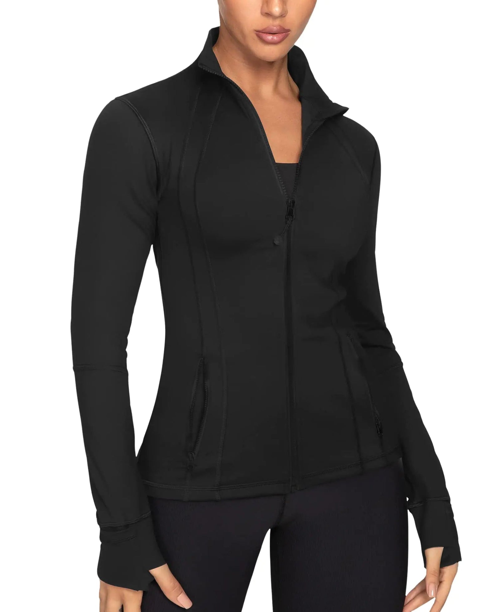 Women’s Lightweight Zip-Up Running Jacket | 4-Way Stretch Gym & Yoga Athletic Jacket – Black