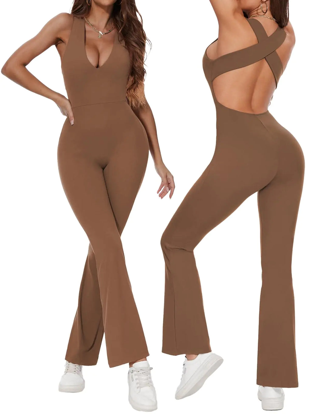 Women’s Cross-Back Backless Yoga Jumpsuit – Flare Leg One-Piece Bodysuit (Dark Brown, M)