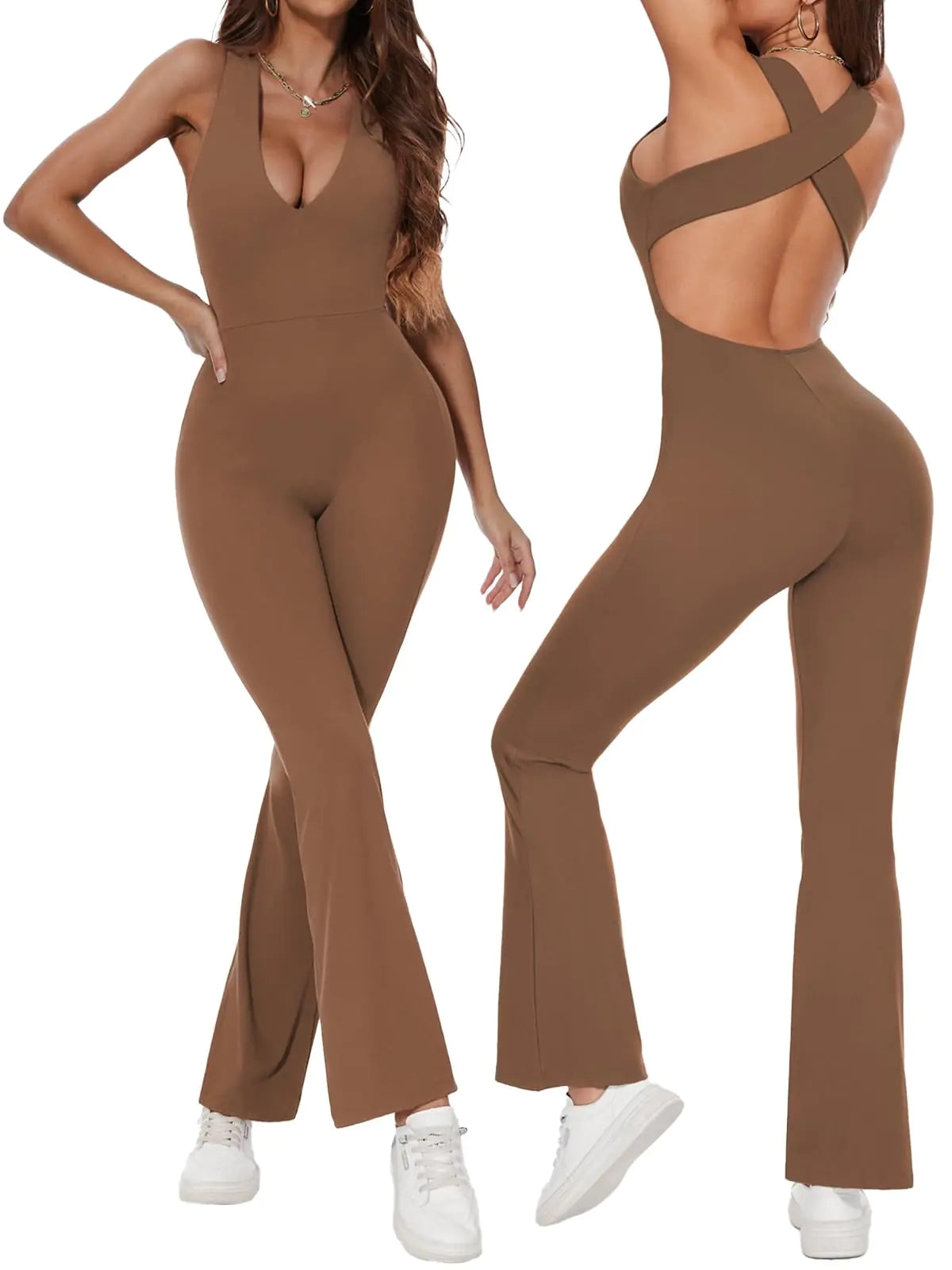 Women’s Cross-Back Backless Yoga Jumpsuit – Flare Leg One-Piece Bodysuit (Dark Brown, M)