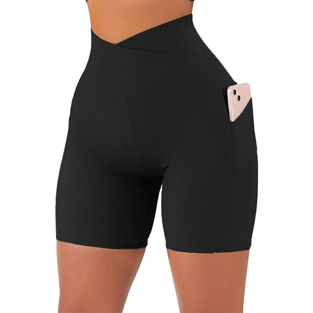 High Waist Crossover Active Shorts for Women – Gym Workout Shorts with Side Pockets