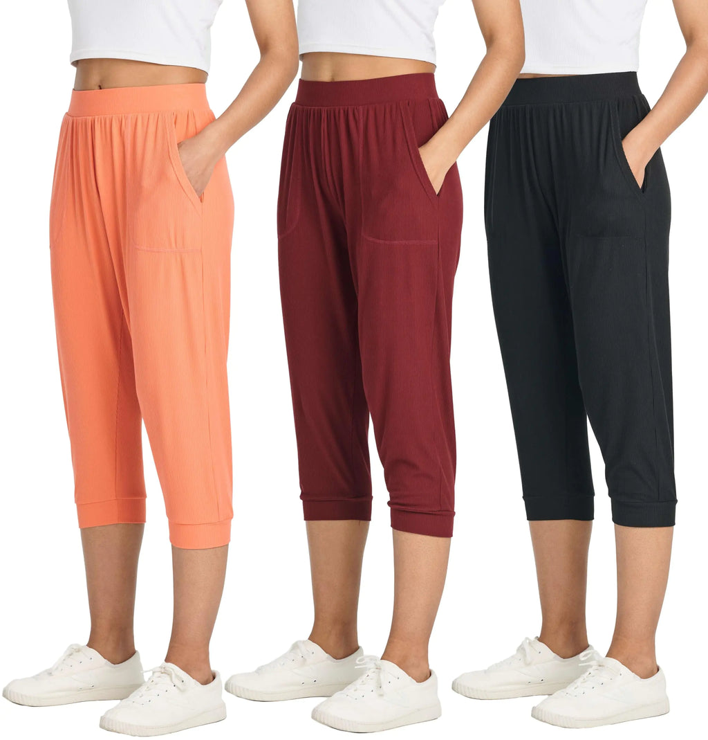 3 Pack Womens Capri Pants Fashion Yoga Sweatpants Joggers Pockets Capris Summer High Waisted Track Lounge Cropped Casual Ladies Pajama Teen Cotton Activewear Pj Petite Length Jogger Workout