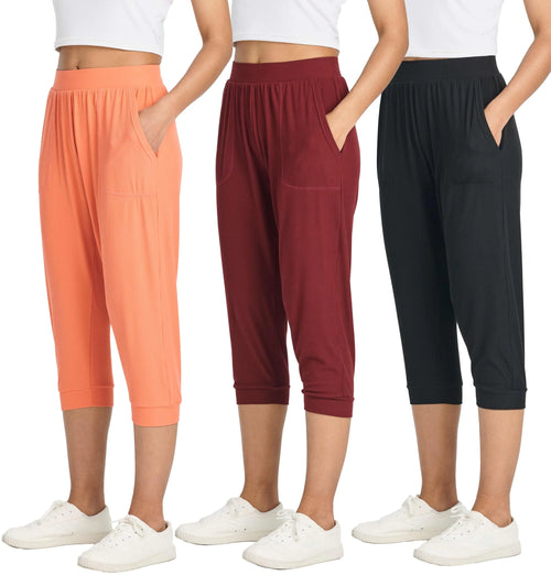 3 Pack Womens Capri Pants Fashion Yoga Sweatpants Joggers Pockets Capris Summer High Waisted Track Lounge Cropped Casual Ladies Pajama Teen Cotton Activewear Pj Petite Length Jogger Workout