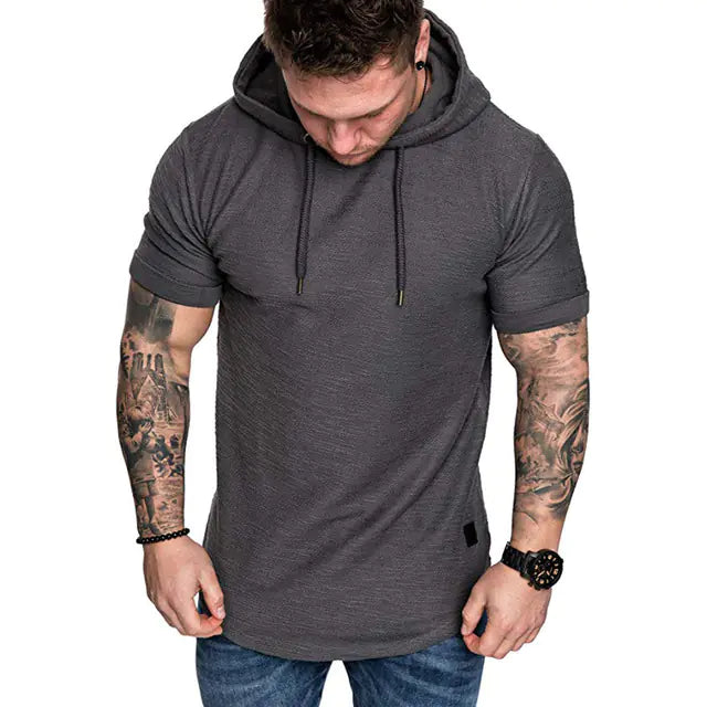 Men’s Hooded T-Shirt – Short Sleeve Slim Fit Longline Hoodie