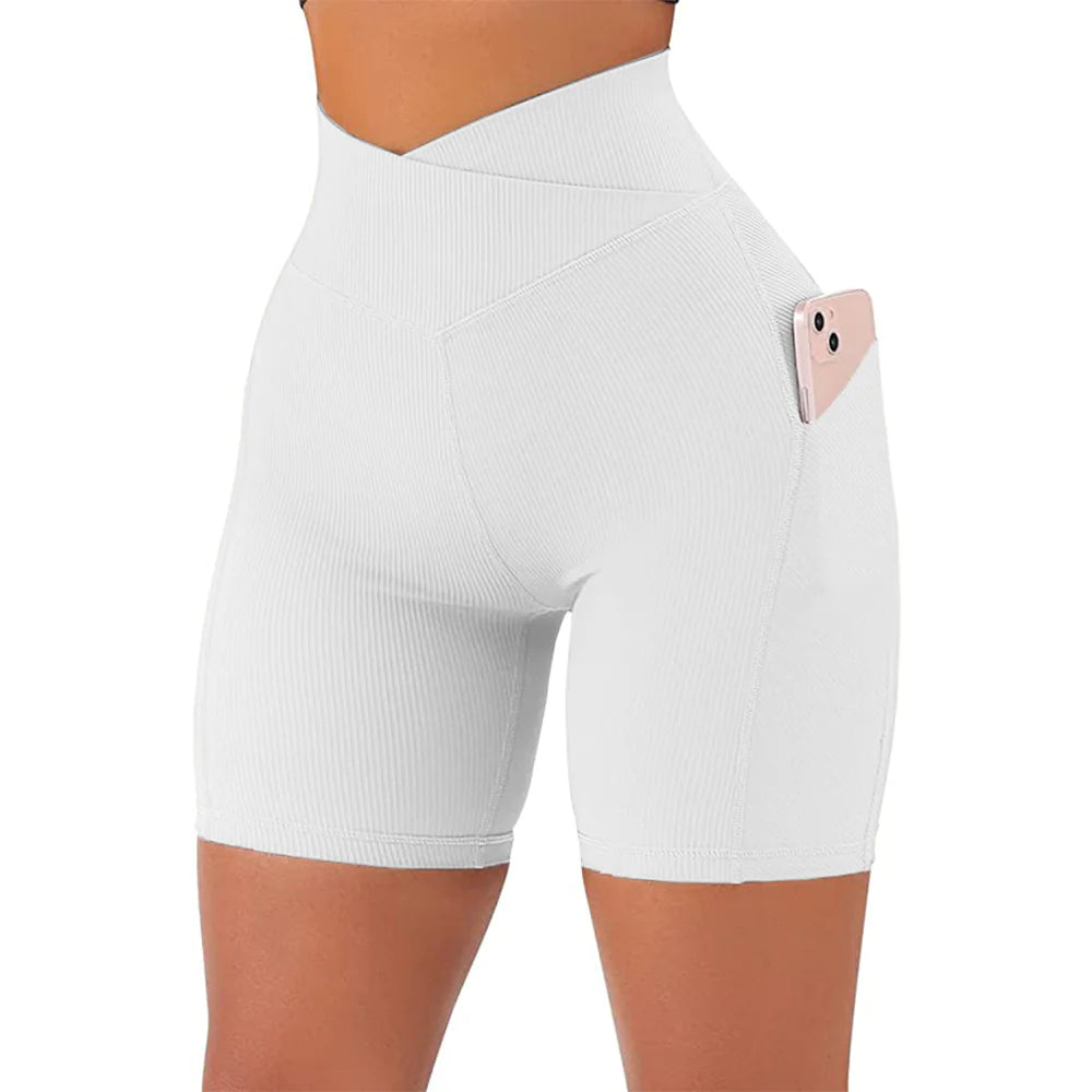 High Waist Crossover Active Shorts for Women – Gym Workout Shorts with Side Pockets