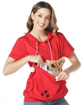 Women’s Pet Pouch Shirt – Short Sleeve Kangaroo Hoodie for Kitten & Puppy Holding, Lightweight Casual Top (Red)