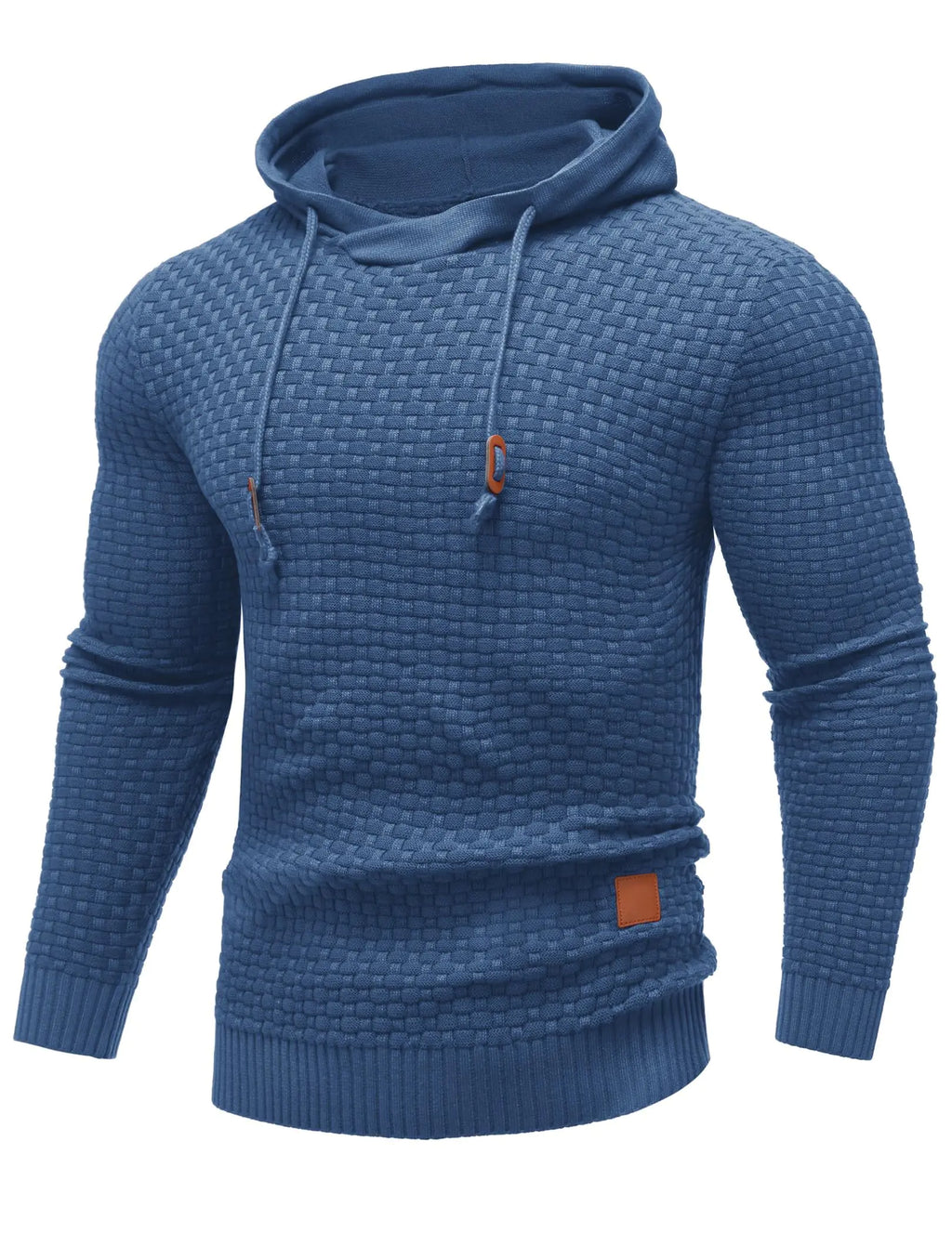 Men’s Textured Knit Hoodie Sweater – Waffle Pattern Pullover Hooded Sweatshirt, Slim Fit (Blue M)