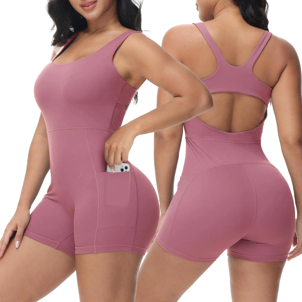 Seamless Athletic Jumpsuit for Women – Square Neck, Padded Bra & Pockets (Nylon-Spandex)