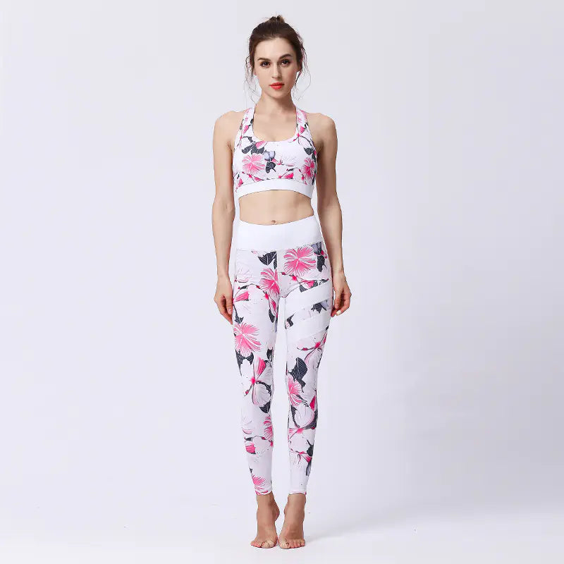 Women’s Yoga Set – Tropical Print Sports Bra & High-Waist Leggings