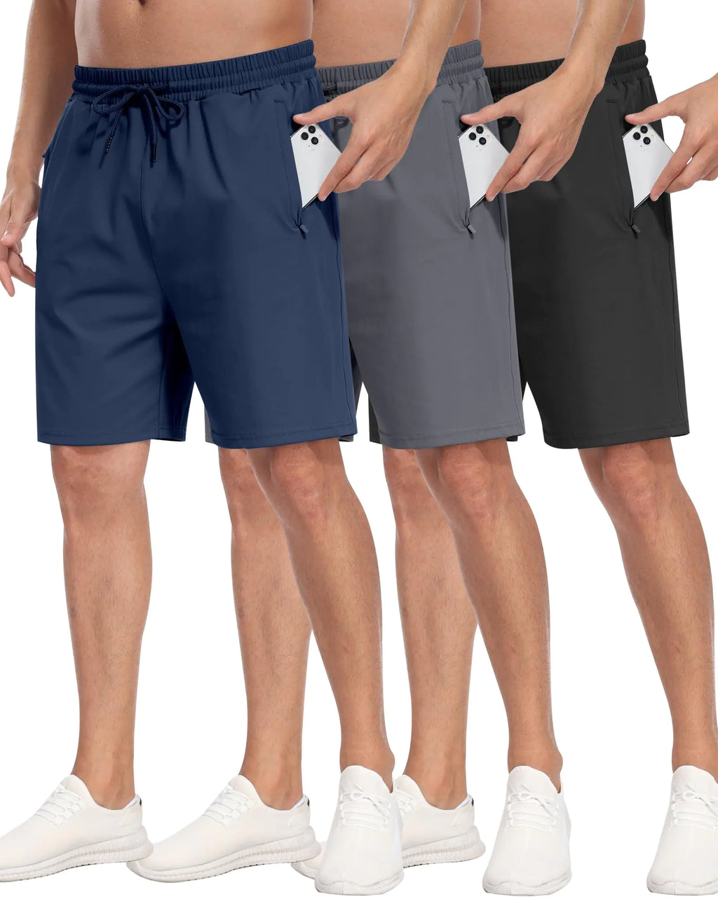 Men’s Athletic Shorts 3-Pack – Running Gym Shorts with Zipper Pockets (Quick-Dry Stretch)