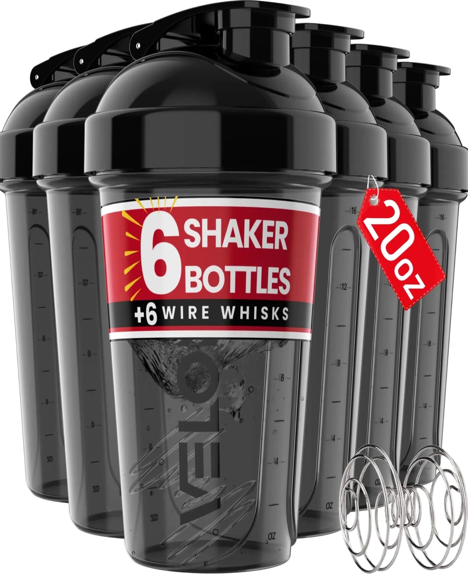20oz Protein Shaker Bottles – 6-Pack Leak-Proof Shaker Cups for Protein & Fitness Drinks (Black)