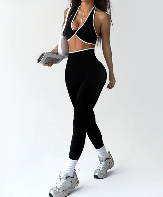 Women’s Contrast-Color Yoga Outfit Set – Sleeveless Chest-Twist Top & Pants