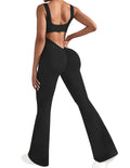 Women’s Seamless Flare Workout Jumpsuit – Square Neck Backless Butt Scrunch Romper (Black, XL)