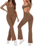 Women’s Cross-Back Backless Yoga Jumpsuit – Flare Leg One-Piece Bodysuit (Dark Brown, M)