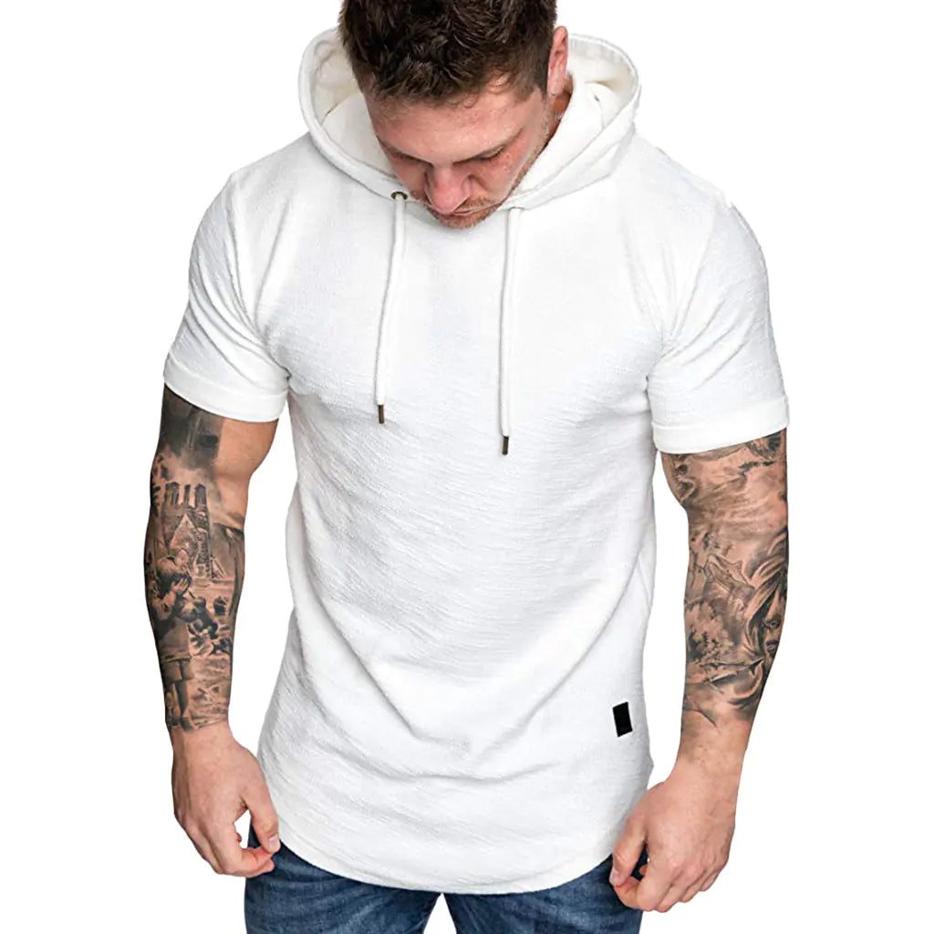 Men’s Hooded T-Shirt – Short Sleeve Slim Fit Longline Hoodie