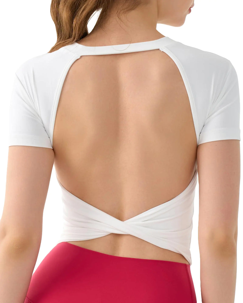 Women’s Open-Back Twist Crop Top – Cap Sleeve Workout Top with Built-In Bra (White S)