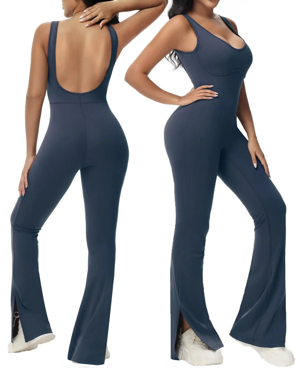 Women’s U-Neck Backless Athletic Jumpsuit – Slit Flare Leg One-Piece Workout & Yoga Outfit (Navy Blue L)