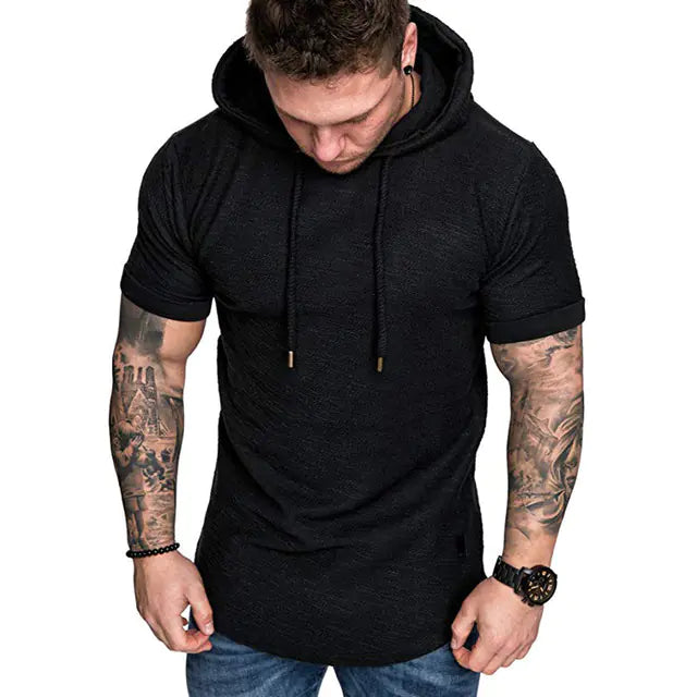 Men’s Hooded T-Shirt – Short Sleeve Slim Fit Longline Hoodie