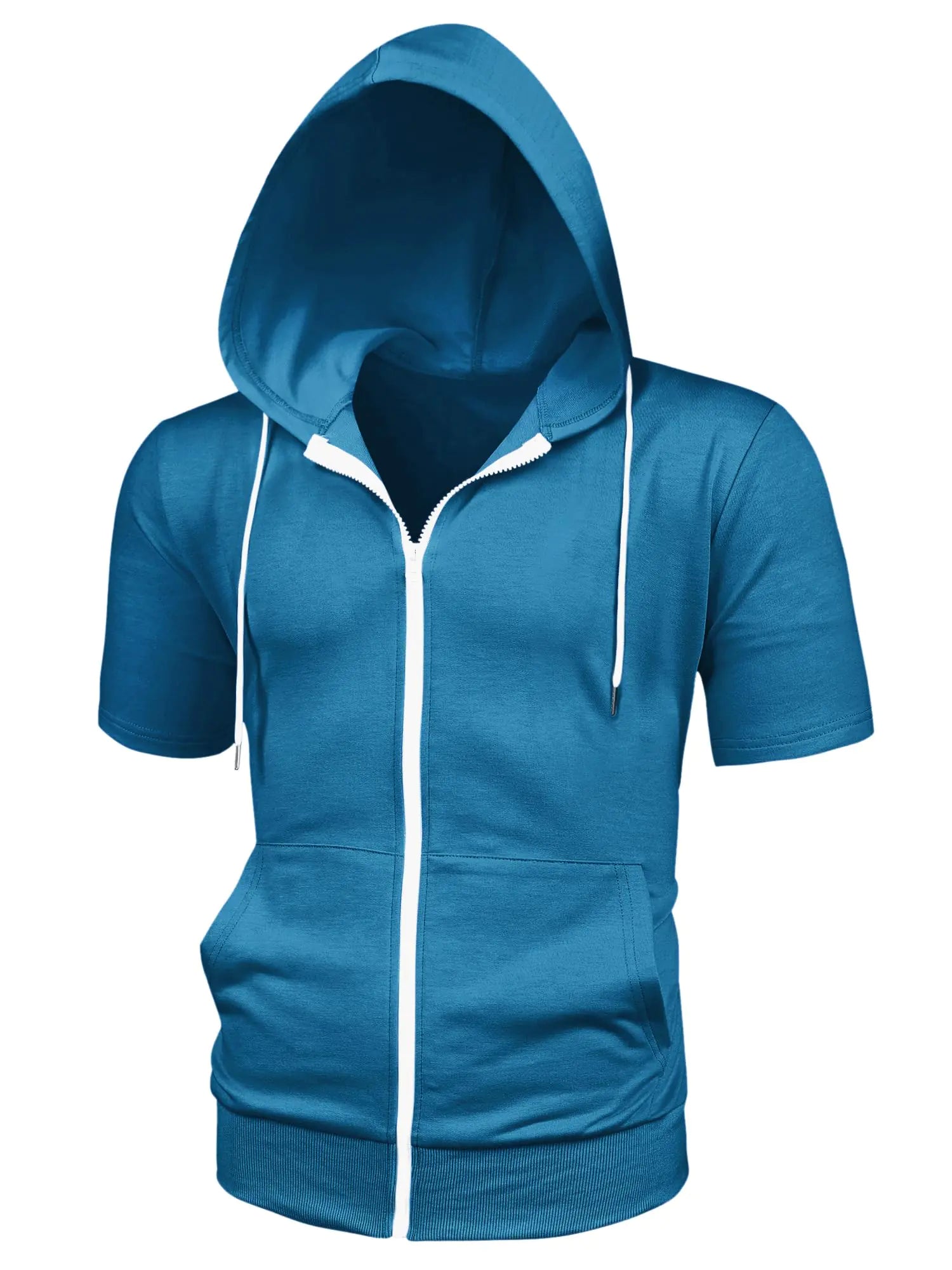 Lars Amadeus Men’s Short Sleeve Hoodie Jacket – Dark Blue Solid Color Zip-Up Hoodie with Hood, Lightweight Casual Sweatshirt (Small)