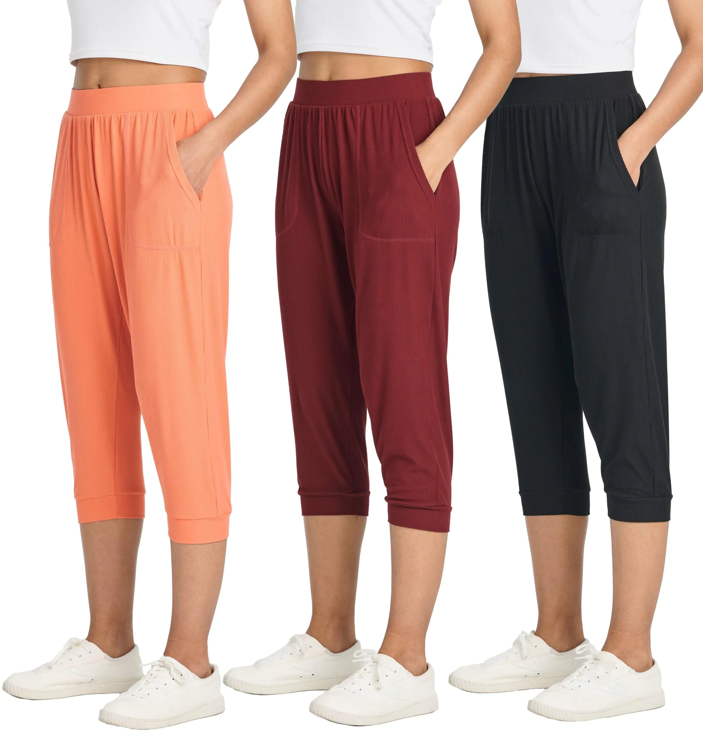 3 Pack Womens Capri Pants Fashion Yoga Sweatpants Joggers Pockets Capris Summer High Waisted Track Lounge Cropped Casual Ladies Pajama Teen Cotton Activewear Pj Petite Length Jogger Workout