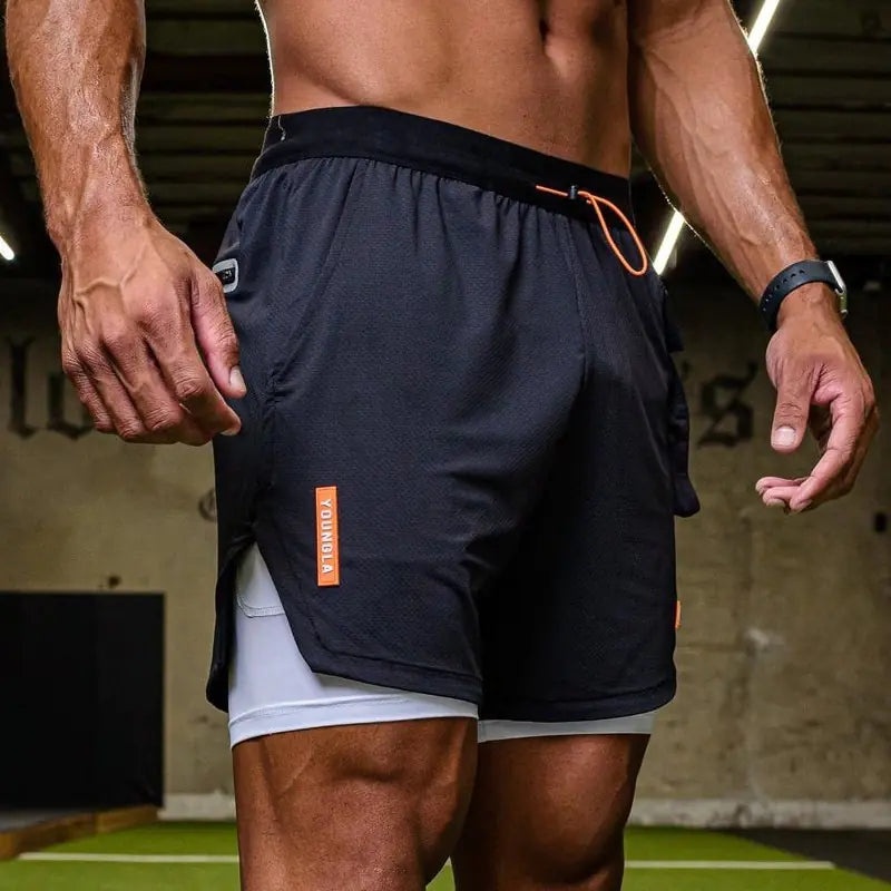 Men’s Double Layer Stretch Workout Shorts – Fitness Exercise Shorts with Built-In Compression Liner