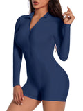 Navy Blue Long Sleeve Zip Romper for Women – V-Neck Workout Unitard Shorts (Small)