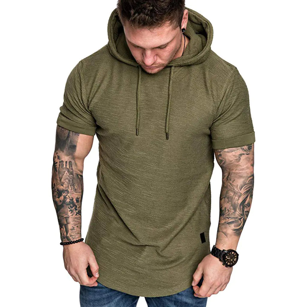 Men’s Hooded T-Shirt – Short Sleeve Slim Fit Longline Hoodie