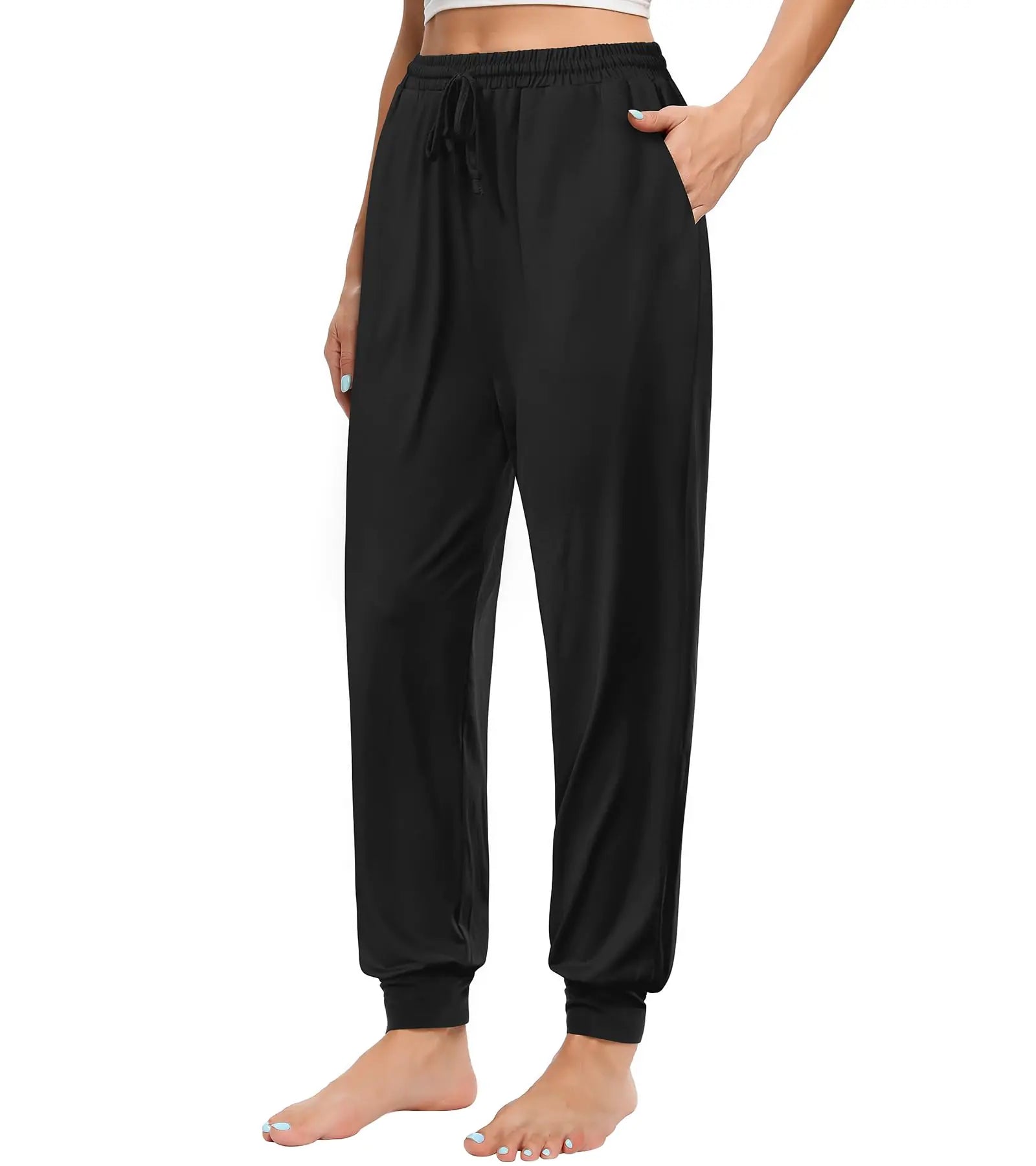 Women’s Yoga Joggers Pants – High-Waisted Lightweight Sweatpants with Pockets & Drawstring, Stretch Loose Fit (Black, L)