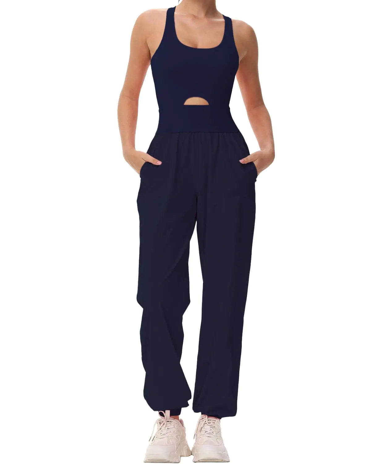 Women’s Athletic Onesie Romper – Built-In Bra, Cross-Back Jumpsuit with Pockets (Navy Blue XL)
