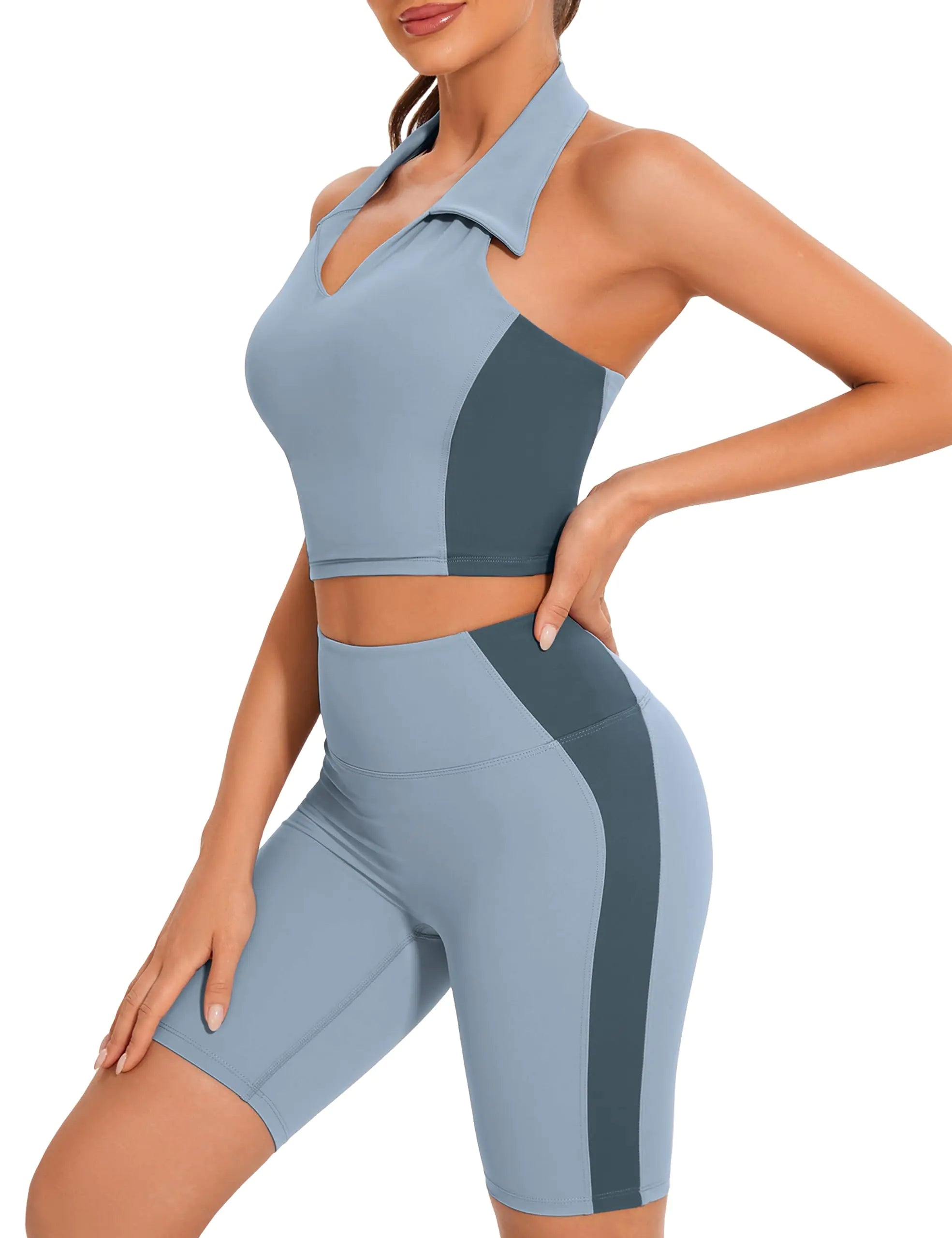 Women’s Workout Sets 2 Piece – Backless Top & High-Waist Shorts Yoga Outfit, Colorblock Summer Gym Clothes (Blue M)