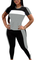 Women’s 2-Piece Activewear Set – Short Sleeve Colorblock Tee + High-Waisted Leggings (Black/Grey, XL)