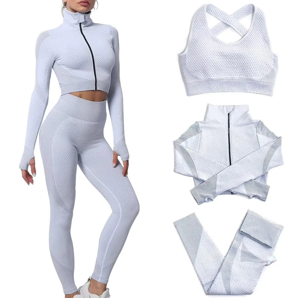 3-Piece Seamless Activewear Set for Women – Zip Crop Jacket + Sports Bra + High-Waist Leggings (Grey XL)