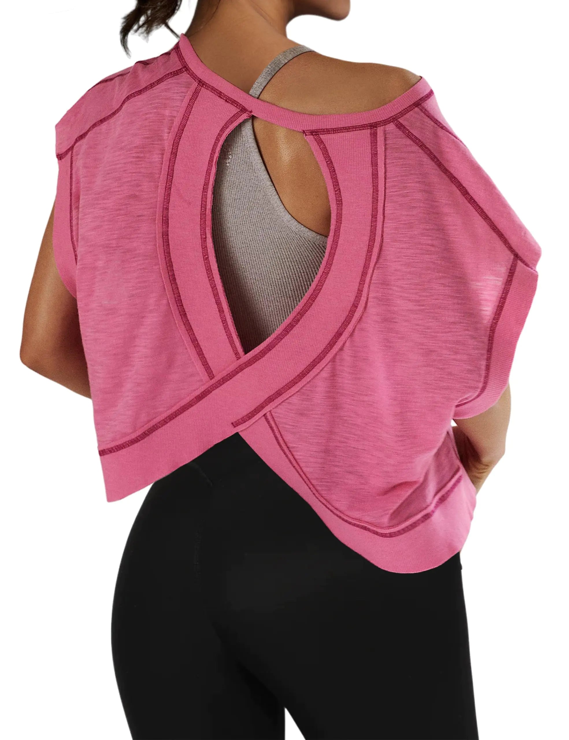 Women’s Open-Back Cross Wrap Crop Top – Breathable Yoga Workout Tee (Pink S)