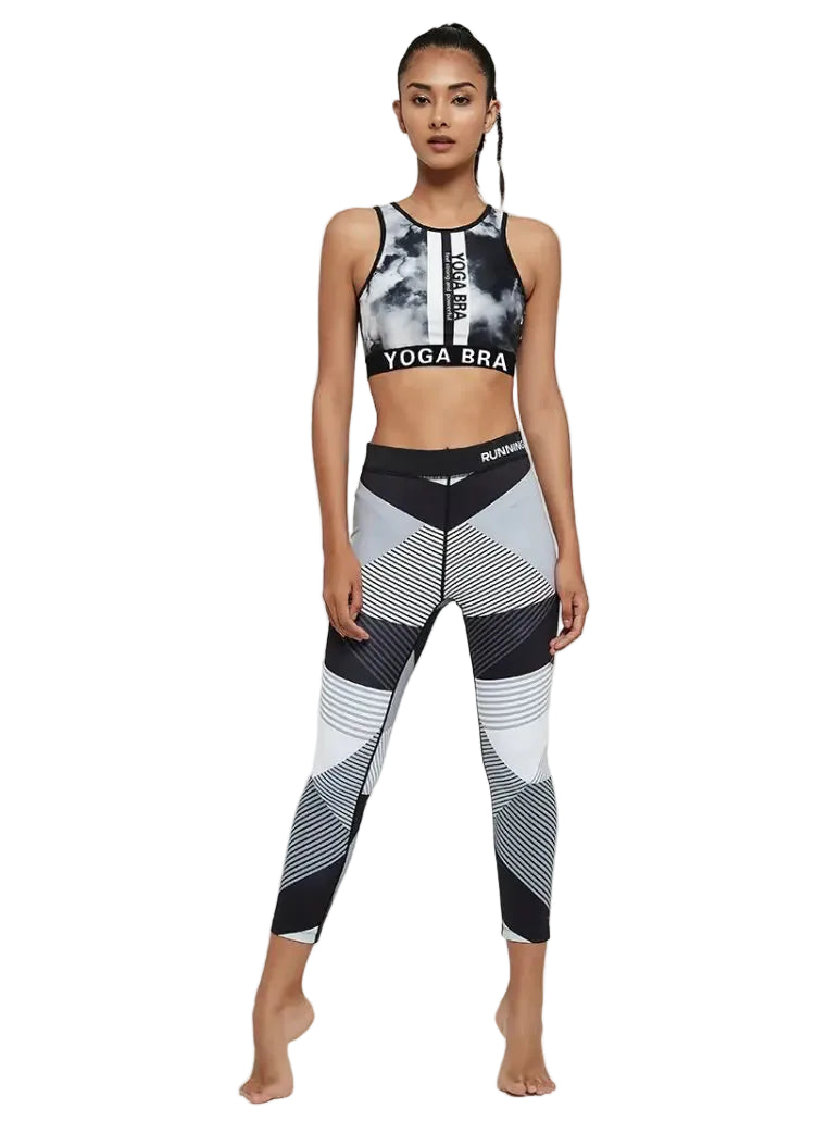 Women’s Yoga 2-Piece Set – Ink Wash Top, Sports Bra & Leggings Outfit