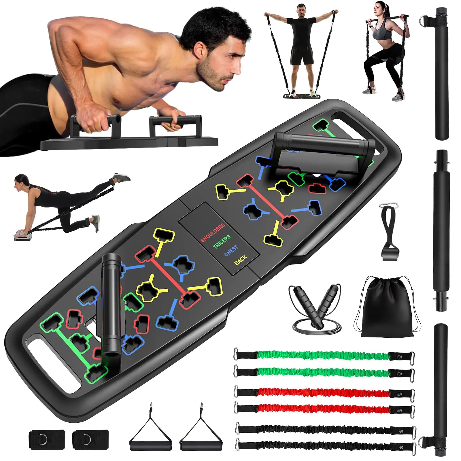 Portable Home Gym Workout Equipment – Push-Up Board, Pilates Bar & Resistance Bands Set