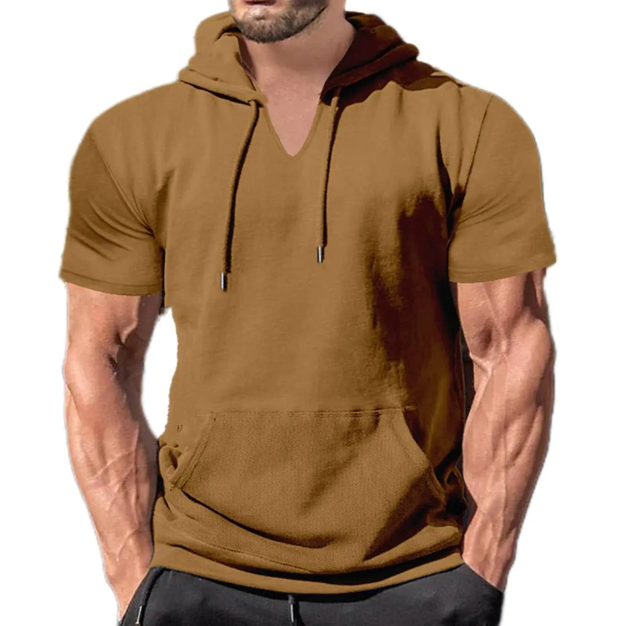 Mens Short Sleeve Hoodies Cotton Blend Summer Lightweight Hooded T-Shirt V Neck Pullover with Kangaroo Pocket Polo Shirt for Men T Shirts Mens Golf Shirts Hawaiian Shirt(CoffeeMedium)