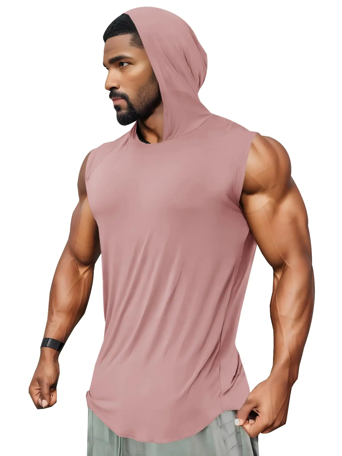 Men’s Sleeveless Hoodie Tank – Quick-Dry Gym Muscle Top with Curved Hem (Pink M)