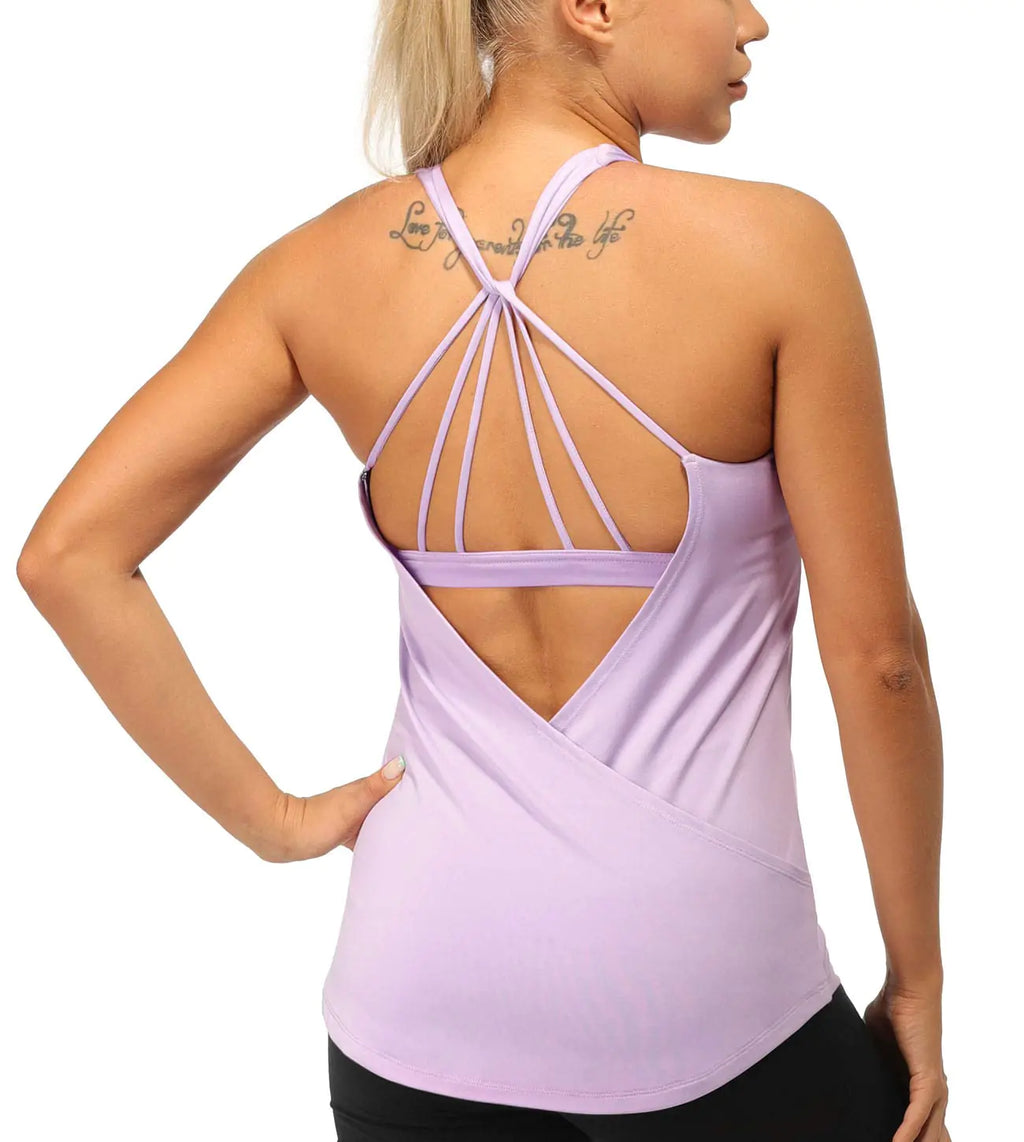 Women’s Open-Back Strappy Workout Tank – Built-In Bra Yoga Top (Lilac S)