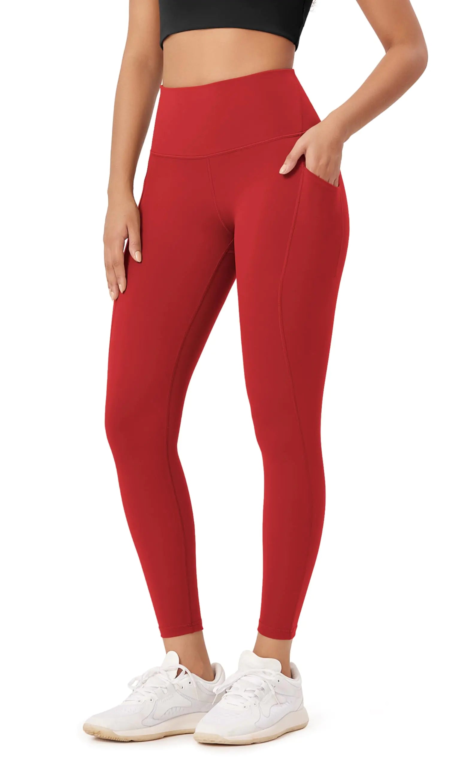 Women’s 7/8 High Waist Workout Leggings with Pockets – Tummy Control Athletic Yoga Pants (Red)