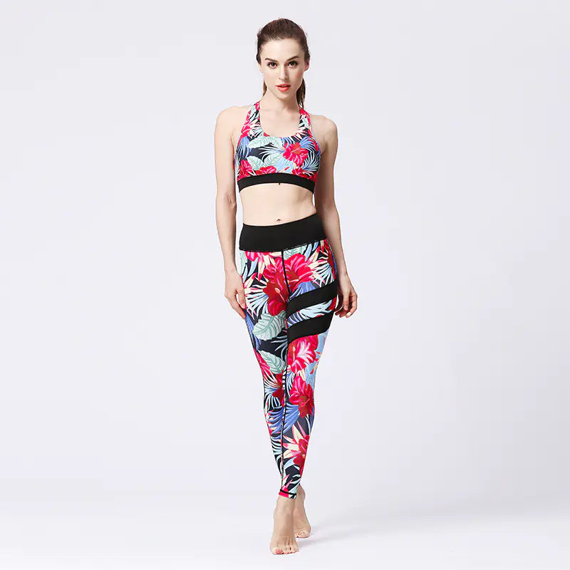 Women’s Yoga Set – Tropical Print Sports Bra & High-Waist Leggings