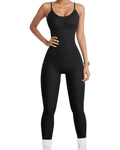 Women’s Seamless Ribbed Workout Romper – Spaghetti Strap One-Piece Jumpsuit (Black, M)
