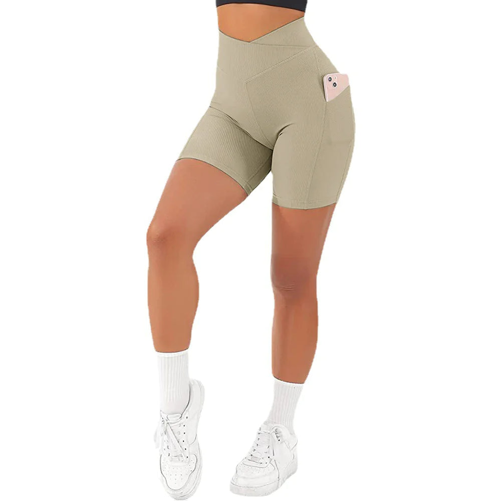 High Waist Crossover Active Shorts for Women – Gym Workout Shorts with Side Pockets