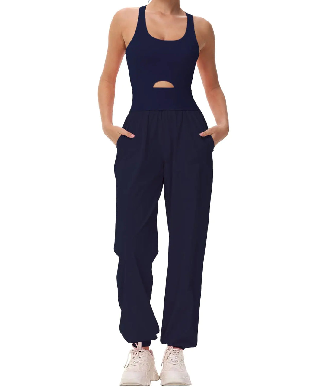 Women’s Athletic Onesie Romper – Built-In Bra, Cross-Back Jumpsuit with Pockets (Navy Blue XL)