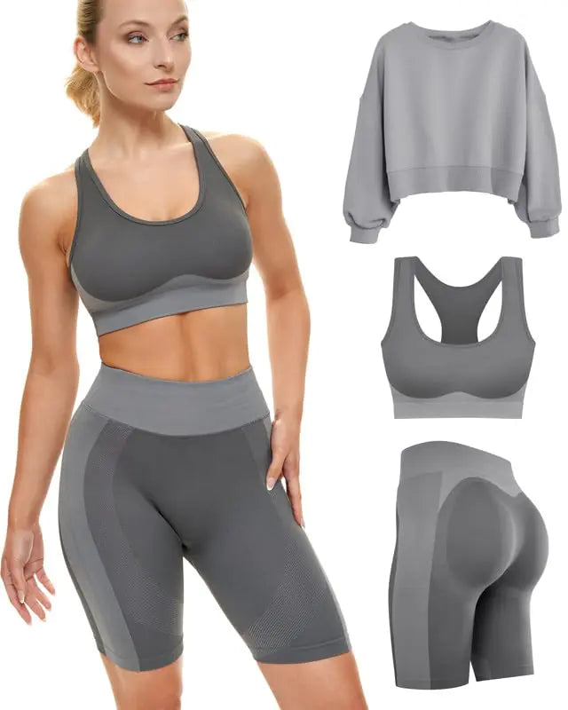 Women’s Seamless Workout Set – Sports Bra & Biker Shorts with Optional Crop Sweatshirt (High Compression)